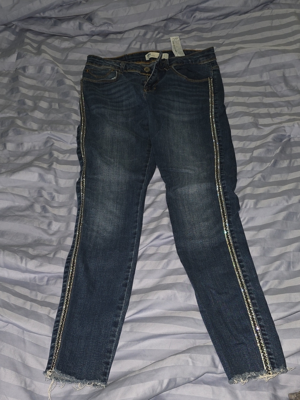 Zara Dark Blue Ankle Jeans with Silver Sequin Side Trim